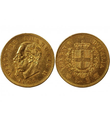 ITALIE, VICTOR-EMMANUEL II - 5 LIRE OR 1865 T BN