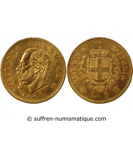 ITALIE, VICTOR-EMMANUEL II - 5 LIRE OR 1865 T BN