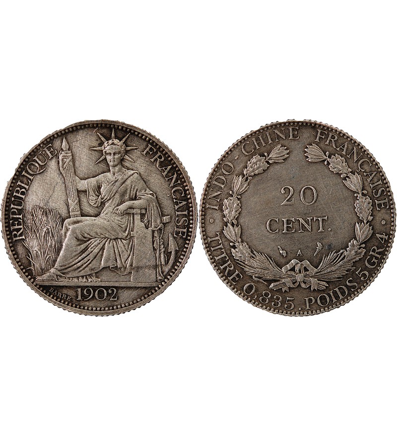 INDOCHINE FRANCAISE - 20 CENTIMES ARGENT 1902 A PARIS
