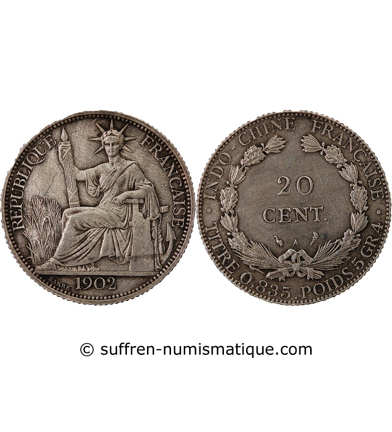 INDOCHINE FRANCAISE - 20 CENTIMES ARGENT 1902 A PARIS