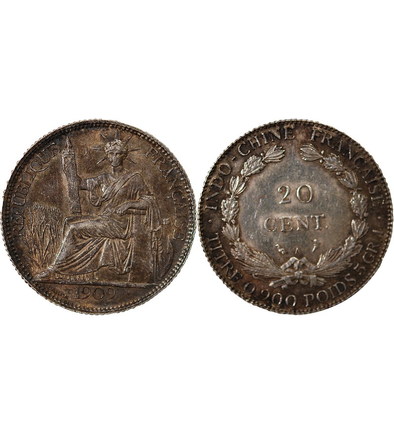 INDOCHINE FRANCAISE - 20 CENTIMES ARGENT 1909 A PARIS