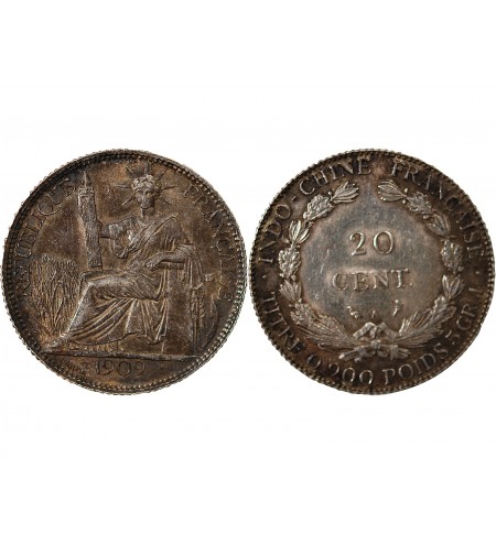 INDOCHINE FRANCAISE - 20 CENTIMES ARGENT 1909 A PARIS