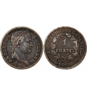 NAPOLEON Ier - 1 FRANC ARGENT 1808 H LA ROCHELLE Type République 2