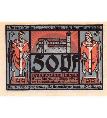 ALLEMAGNE, PAULINZELLA - 50 PFENNIG 1922