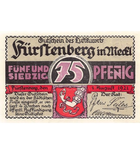 ALLEMAGNE, FÜRSTENBERG - 75 PFENNIG 1921