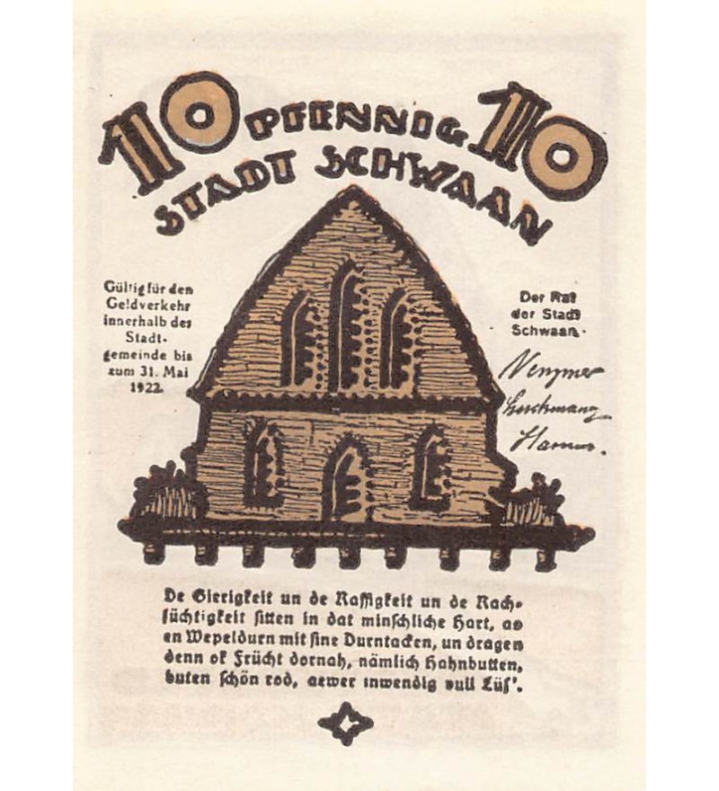 ALLEMAGNE, SCHWAAN - 10 PFENNIG 1922