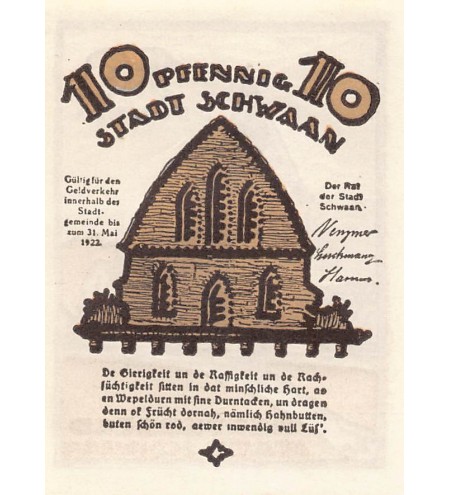 ALLEMAGNE, SCHWAAN - 10 PFENNIG 1922