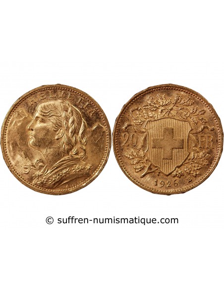 SUISSE, CONFEDERATION HELVETIQUE - 20 FRANCS OR 1926 BERN