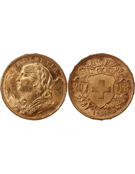 SUISSE, CONFEDERATION HELVETIQUE - 20 FRANCS OR 1926 BERN