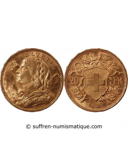 SUISSE, CONFEDERATION HELVETIQUE - 20 FRANCS OR 1926 BERN