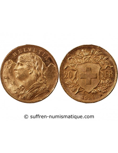 SUISSE, CONFEDERATION HELVETIQUE - 20 FRANCS OR 1926 BERN