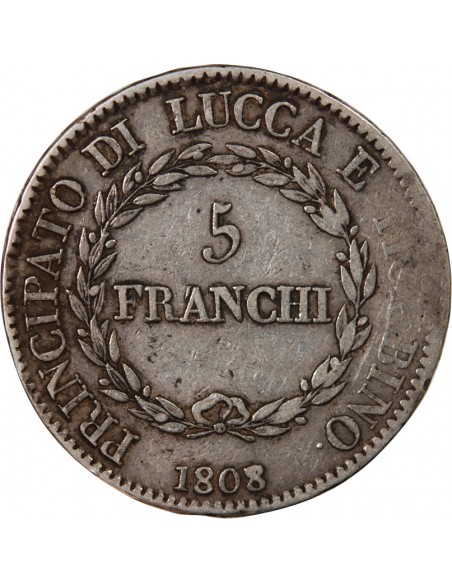 ITALIE, FELIX BACCIOCHI ET ELISA BONAPARTE - 5 FRANCHI ARGENT 1808