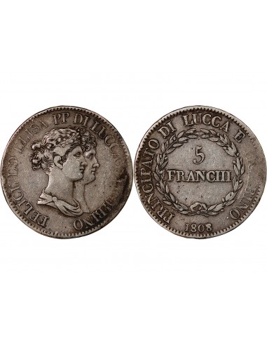 ITALIE, FELIX BACCIOCHI ET ELISA BONAPARTE - 5 FRANCHI ARGENT 1808