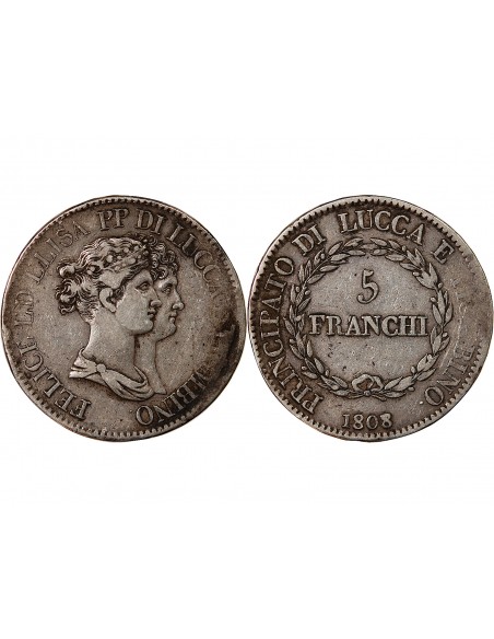 ITALIE, FELIX BACCIOCHI ET ELISA BONAPARTE - 5 FRANCHI ARGENT 1808