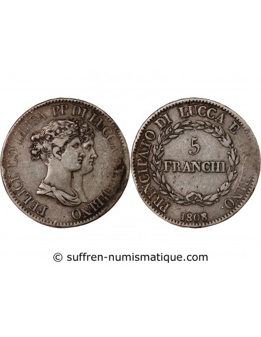 ITALIE, FELIX BACCIOCHI ET ELISA BONAPARTE - 5 FRANCHI ARGENT 1808