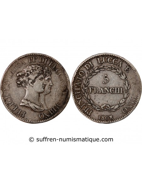 ITALIE, FELIX BACCIOCHI ET ELISA BONAPARTE - 5 FRANCHI ARGENT 1808