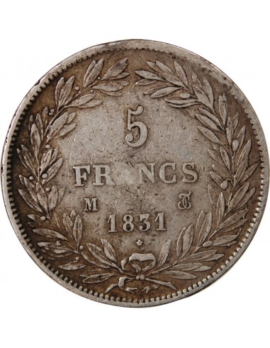 LOUIS PHILIPPE - 5 FRANCS ARGENT 1831 M TOULOUSE "Type Tiolier, Tr creux"