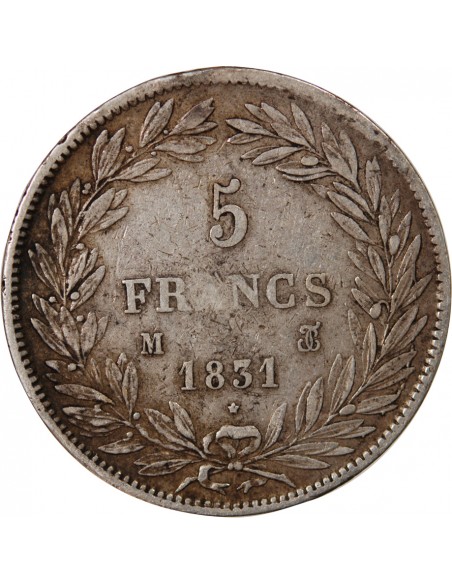 LOUIS PHILIPPE - 5 FRANCS ARGENT 1831 M TOULOUSE "Type Tiolier, Tr creux"
