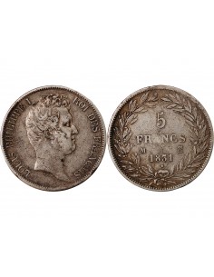 LOUIS PHILIPPE - 5 FRANCS ARGENT 1831 M TOULOUSE "Type Tiolier, Tr creux" 2