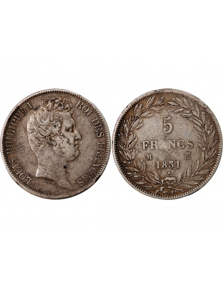 LOUIS PHILIPPE - 5 FRANCS ARGENT 1831 M TOULOUSE "Type Tiolier, Tr creux"