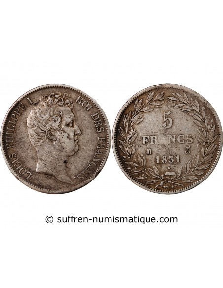 LOUIS PHILIPPE - 5 FRANCS ARGENT 1831 M TOULOUSE "Type Tiolier, Tr creux"
