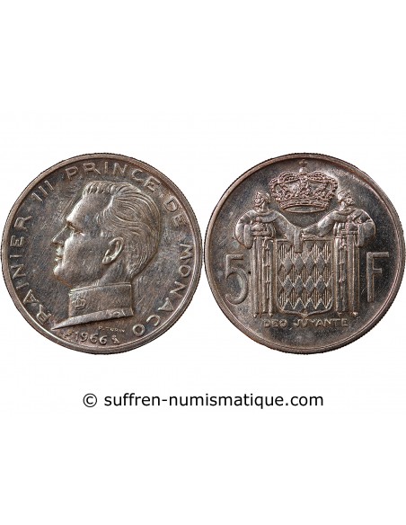 MONACO, RAINIER III - 5 FRANCS ARGENT 1966
