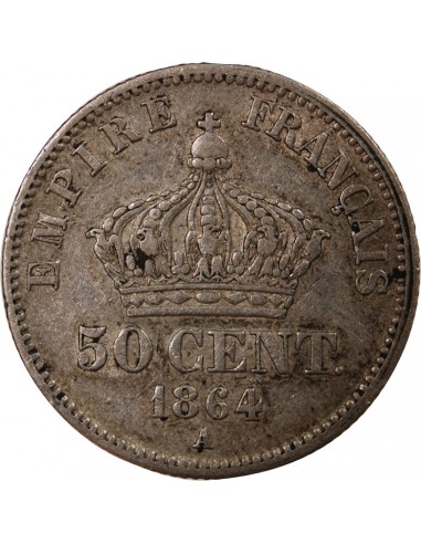 NAPOLEON III, TÊTE LAURÉE - 50 CENTIMES ARGENT 1864 A PARIS