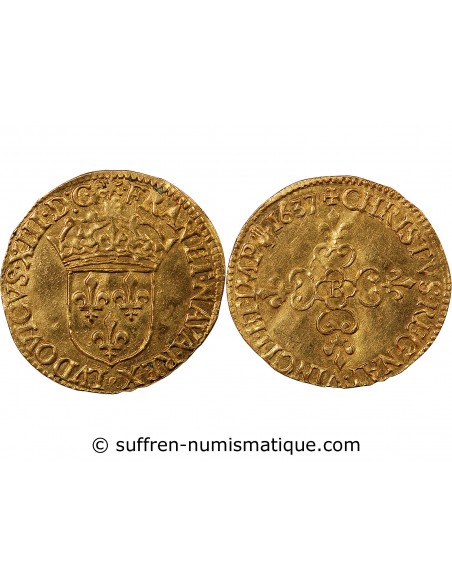 LOUIS XIII - ECU D'OR AU SOLEIL 1637 B ROUEN