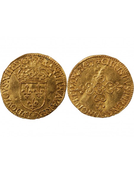 LOUIS XIII - ECU D'OR AU SOLEIL 1637 B ROUEN