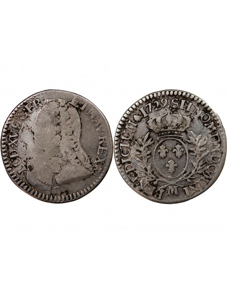 LOUIS XV - 1/5 ECU AUX BRANCHES D'OLIVIER 1729 M TOULOUSE