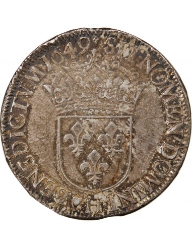LOUIS XIV - ECU ARGENT A LA MECHE LONGUE 1649 H LA ROCHELLE