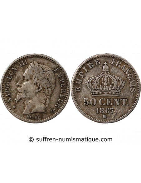 NAPOLEON III - 50 CENTIMES ARGENT 1867 BB STRASBOURG