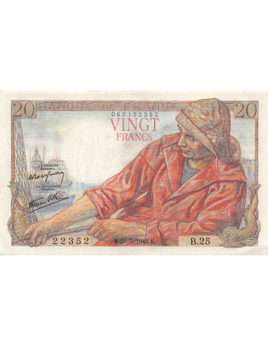 FRANCE, PÊCHEUR - 20 FRANCS 21/05/1942 - SÉRIE B.25 - SPL
