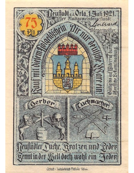 ALLEMAGNE, NEUSTADT AN DER ORLA - 75 PFENNIG 1921