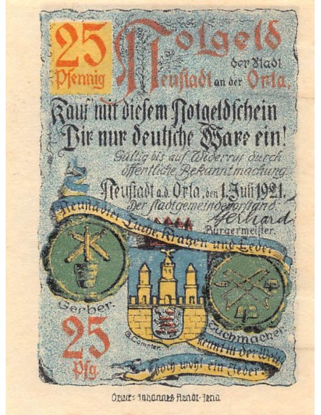 ALLEMAGNE, NEUSTADT AN DER ORLA - 25 PFENNIG 1921
