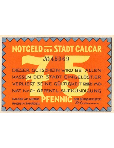 ALLEMAGNE, CALCAR - 75 PFENNIG 1921