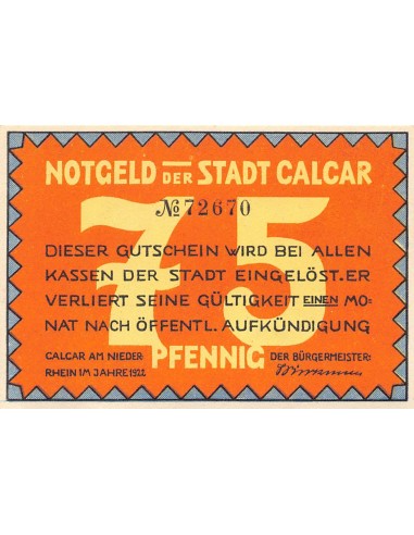 ALLEMAGNE, CALCAR - 75 PFENNIG 1921