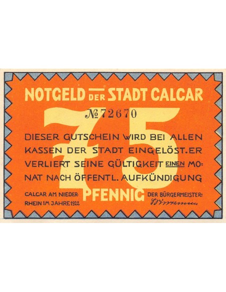 ALLEMAGNE, CALCAR - 75 PFENNIG 1921