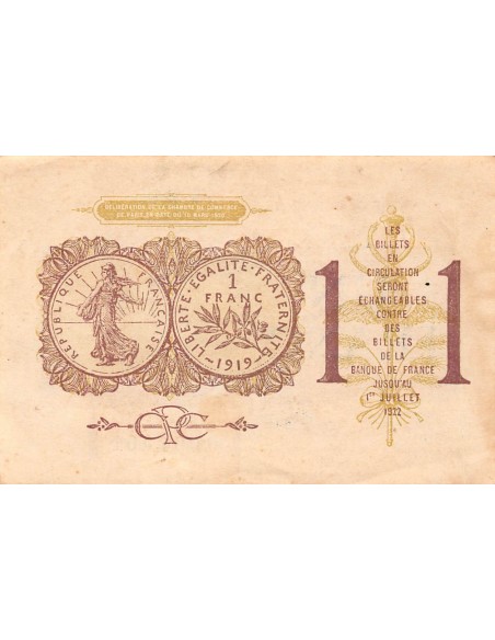 CHAMBRE DE COMMERCE DE PARIS - 1 FRANC 1919 / 1922