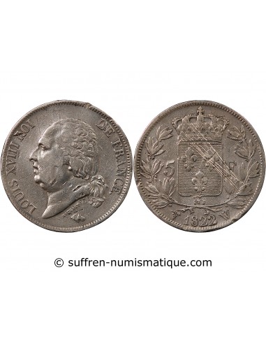 LOUIS XVIII - 5 FRANCS ARGENT 1822 W LILLE