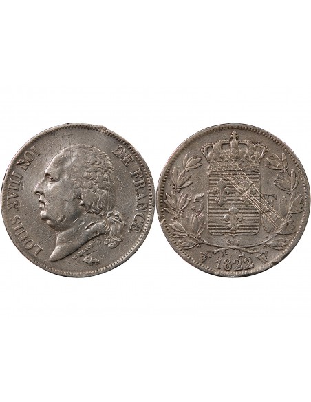 LOUIS XVIII - 5 FRANCS ARGENT 1822 W LILLE