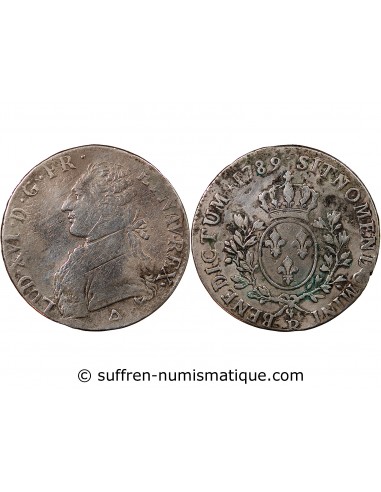 LOUIS XVI - ÉCU ARGENT AUX BRANCHES D'OLIVIER 1789 R ORLEANS