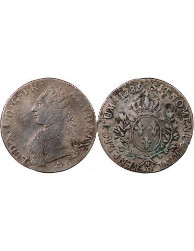 LOUIS XVI - ÉCU ARGENT AUX BRANCHES D'OLIVIER 1789 R ORLEANS