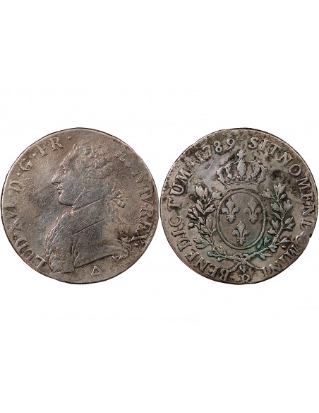 LOUIS XVI - ÉCU ARGENT AUX BRANCHES D'OLIVIER 1789 R ORLEANS