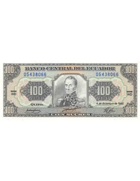 EQUATEUR, SIMON BOLIVAR - 100 SUCRES 1992 - SPL