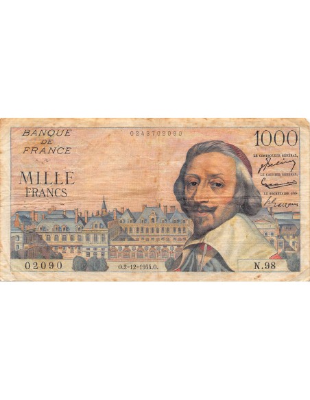 FRANCE, RICHELIEU - 1000 FRANCS 02/12/1954 - SÉRIE N.98 - TB