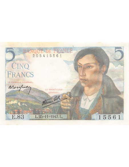 FRANCE - 5 FRANCS BERGER 25/11/1943 - SÉRIE E.83 - SPL