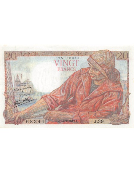 FRANCE, PÊCHEUR - 20 FRANCS 24/09/1942 - SÉRIE J.39 - SUP+