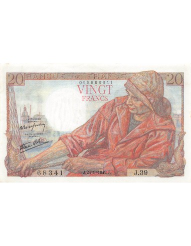 FRANCE, PÊCHEUR - 20 FRANCS 24/09/1942 - SÉRIE J.39 - SUP+