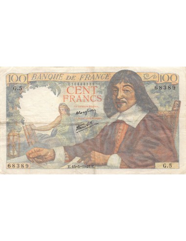 FRANCE - 100 FRANCS DESCARTES 15/05/1942 - SERIE G.5 - TTB